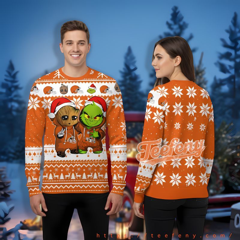 Baby Groot Grinch Cleveland Browns White Orange Holiday Sweaters For Men