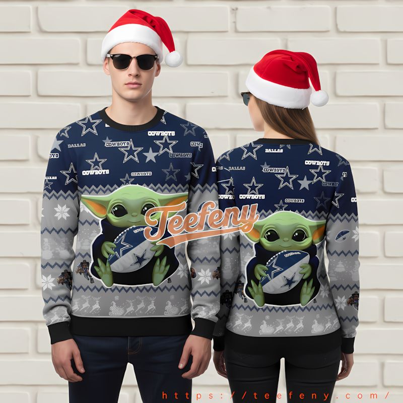 Baby Grinch Hug Dallas Cowboys Ball Family Ugly Christmas Sweater White