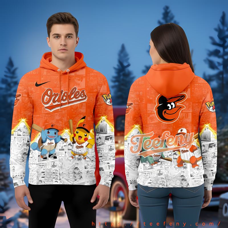 Baltimore Orioles Squirtle Pikachu Orange 3D Design Hoodies