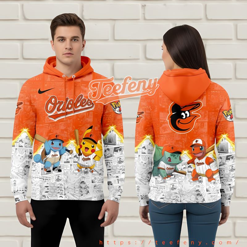 Baltimore Orioles Squirtle Pikachu Orange 3D Design Hoodies Baltimore Orioles Squirtle Pikachu Orange 3D Design Hoodies