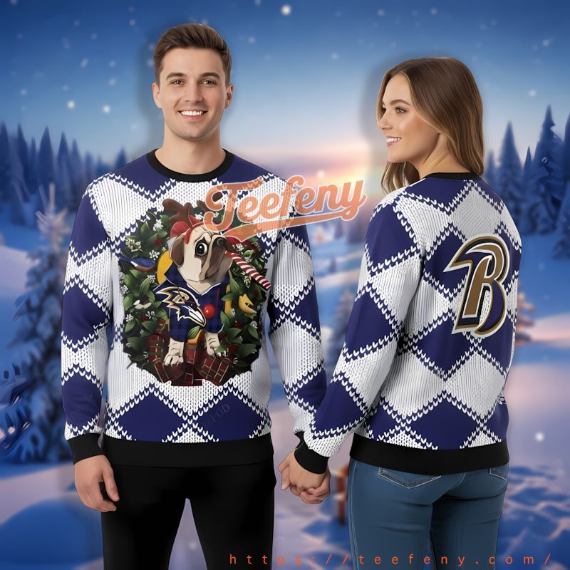 Baltimore Ravens Pug Dog Mom Dad Purple Best Ugly Christmas Sweaters