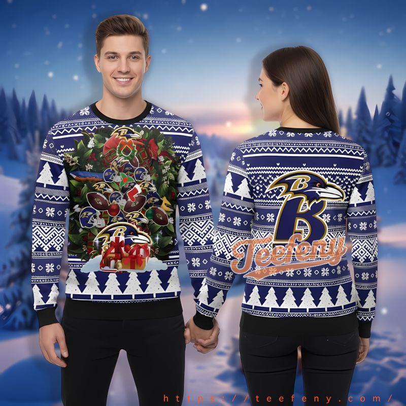 Baltimore Ravens Xmas Tree Wreath Purple Best Ugly Xmas Sweaters