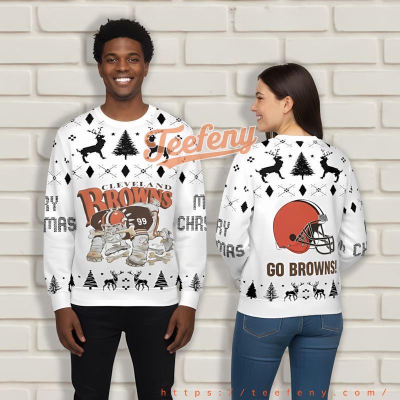 Bear Cleveland Browns White Men'S Ugly Xmas Sweaters Bear Cleveland Browns White Men'S Ugly Xmas Sweaters