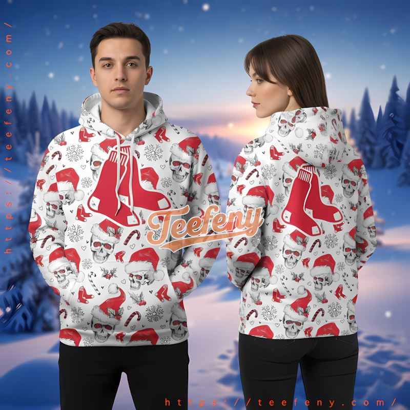 Boston Red Sox Skull Christmas Hat White Womens 3D Hoodie