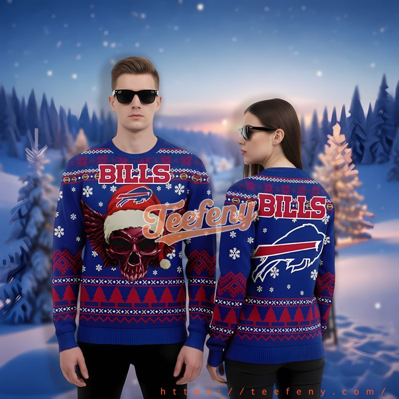 Buffalo Bills Skull Claus Hat Blue Best Christmas Sweaters