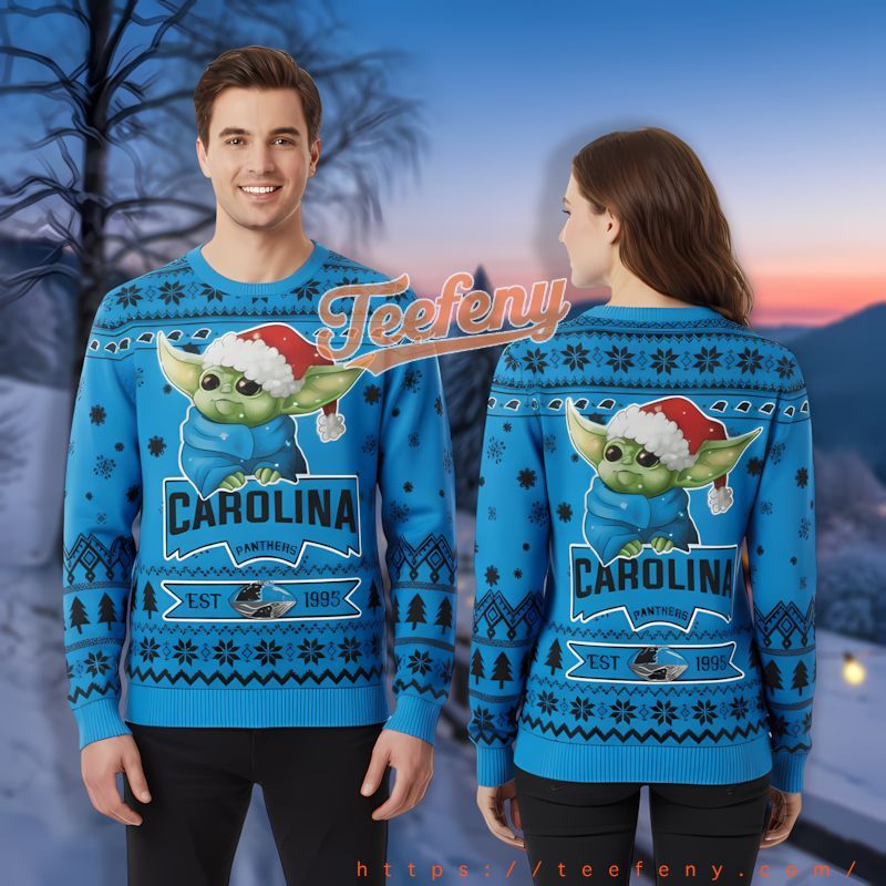 Carolina Panthers Baby Yoda Blue Vintage Christmas Sweater
