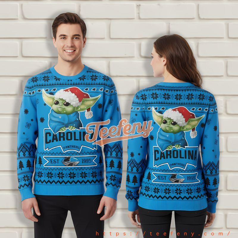 Carolina Panthers Baby Yoda Blue Vintage Christmas Sweater Carolina Panthers Baby Yoda Blue Vintage Christmas Sweater