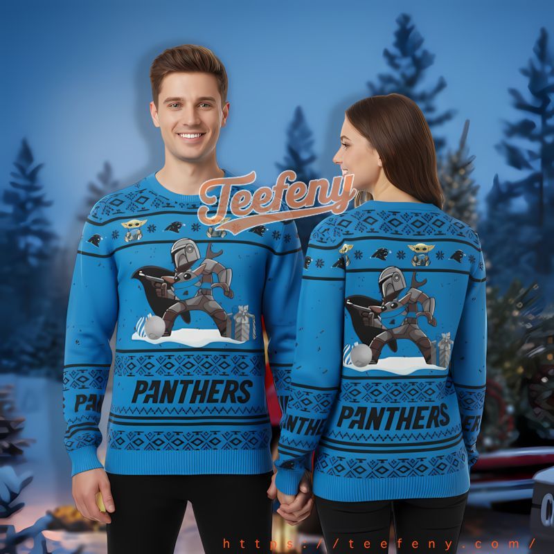 Carolina Panthers Boba Fett Baby Yoda Blue Best Ugly Xmas Sweaters