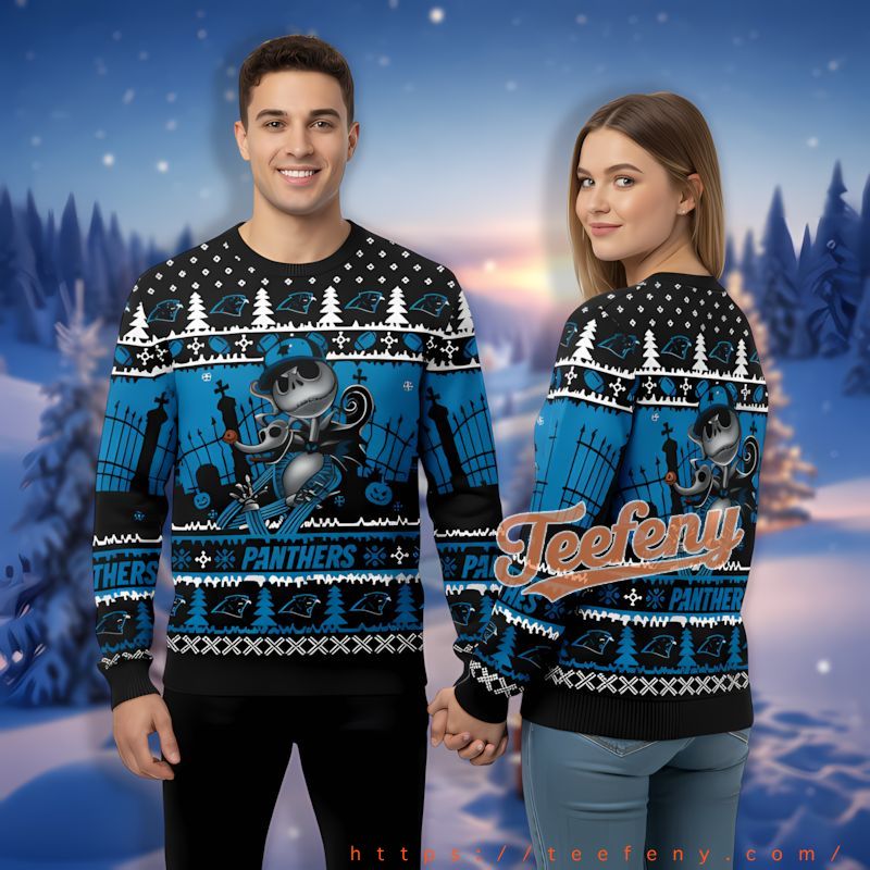 Carolina Panthers Jack Skellington Blue Ugly Sweaters For Couples