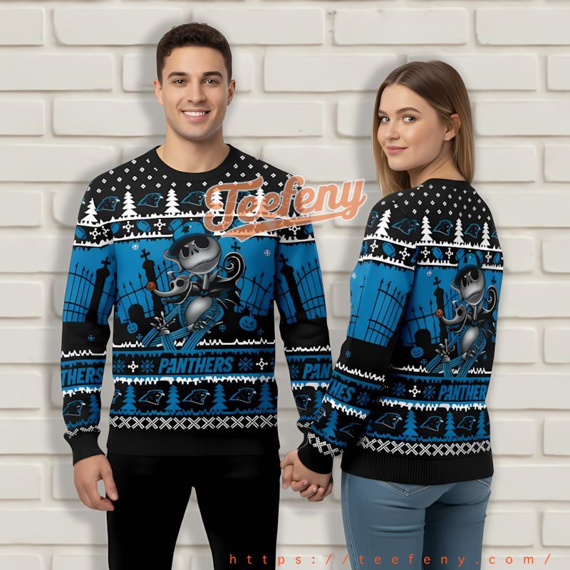 Carolina Panthers Jack Skellington Blue Ugly Sweaters For Couples Carolina Panthers Jack Skellington Blue Ugly Sweaters For Couples