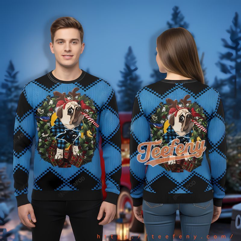Carolina Panthers Pug Dog Blue Christmas Sweater Day