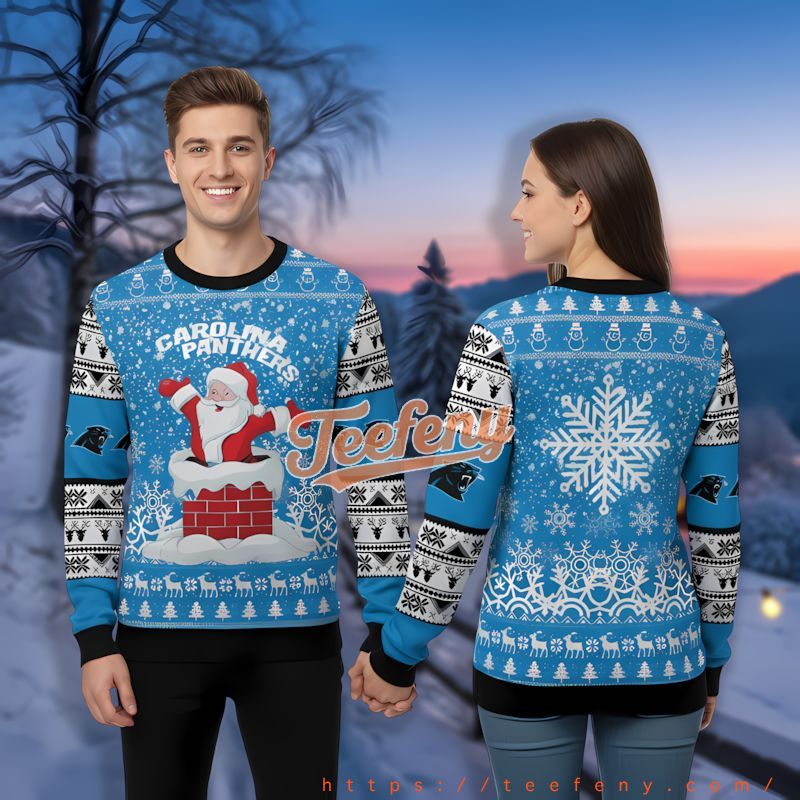 Carolina Panthers Santa Claus Chimney Blue Funny Christmas Pullover