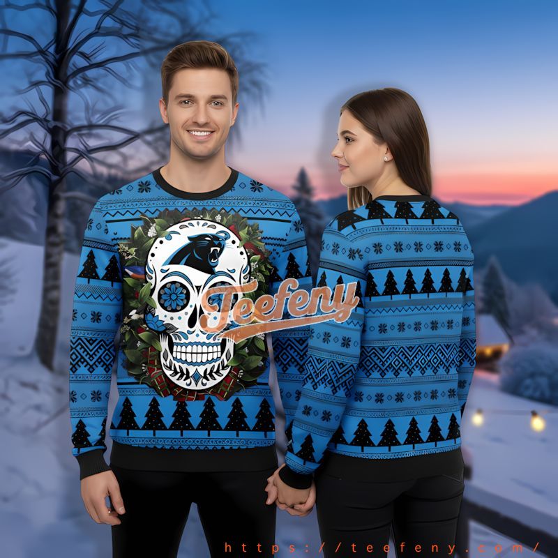 Carolina Panthers Skull Floral Blue Naughty Ugly Sweater