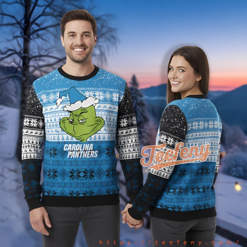 Carolina Panthers The Grinch Face Blue Christmas Sweater Day
