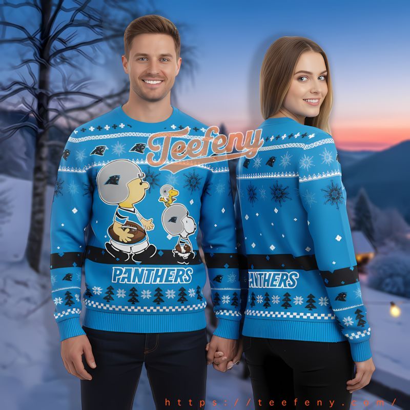 Charlie Brown Snoopy Carolina Panthers Blue Family Christmas Sweaters