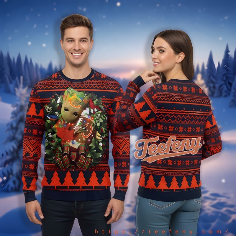Chicago Bears Christmas Wreath Groot Blue Orange Christmas Sweater Day