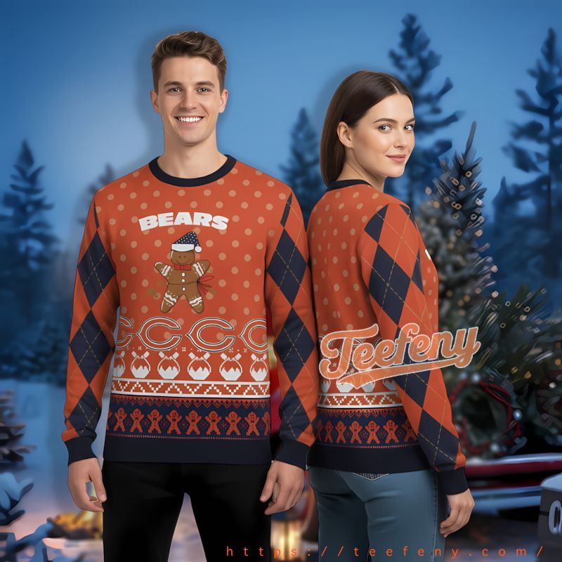 Chicago Bears Gingerbread Blue Orange 5Xl Ugly Christmas Sweater