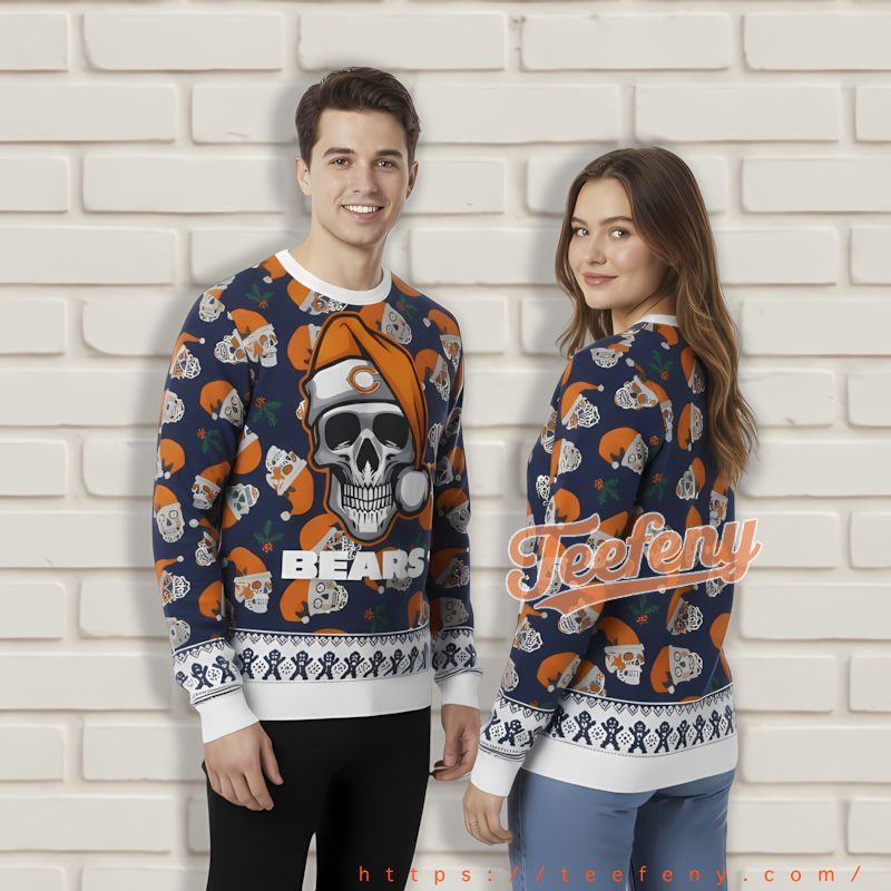Chicago Bears Santa Skull Blue Orange Light Up Ugly Sweater Chicago Bears Santa Skull Blue Orange Light Up Ugly Sweater