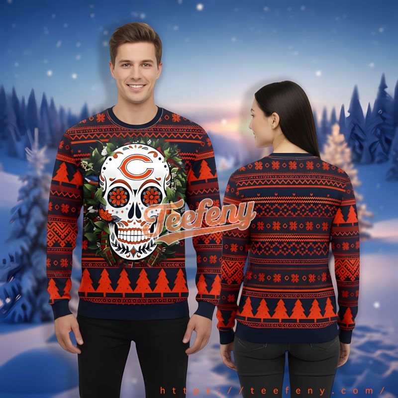 Chicago Bears Skull Flower Blue Orange Vintage Ugly Christmas Sweaters
