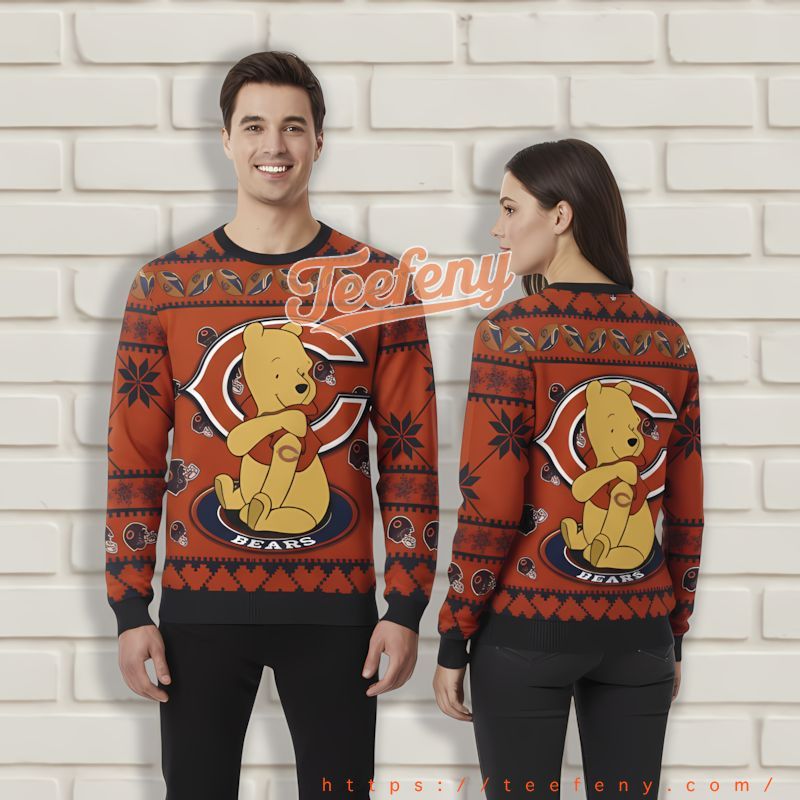 Chicago Bears Winnie The Pooh Blue Orange Vintage Christmas Sweater Chicago Bears Winnie The Pooh Blue Orange Vintage Christmas Sweater