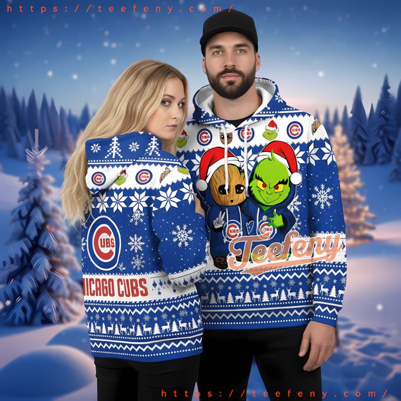 Chicago Cubs Baby Groot Grinch Blue Womens 3D Hoodie