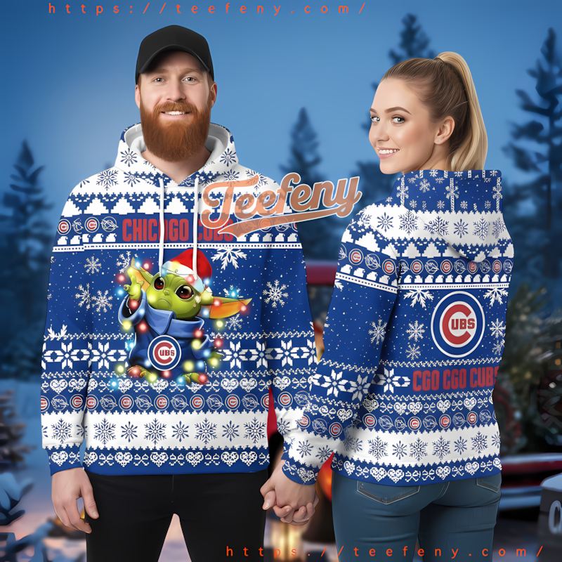 Chicago Cubs Baby Yoda Christmas Hat Blue Pullover 3D Hoodie