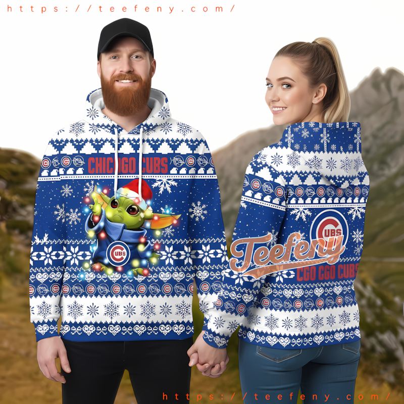 Chicago Cubs Baby Yoda Christmas Hat Blue Pullover 3D Hoodie Chicago Cubs Baby Yoda Christmas Hat Blue Pullover 3D Hoodie