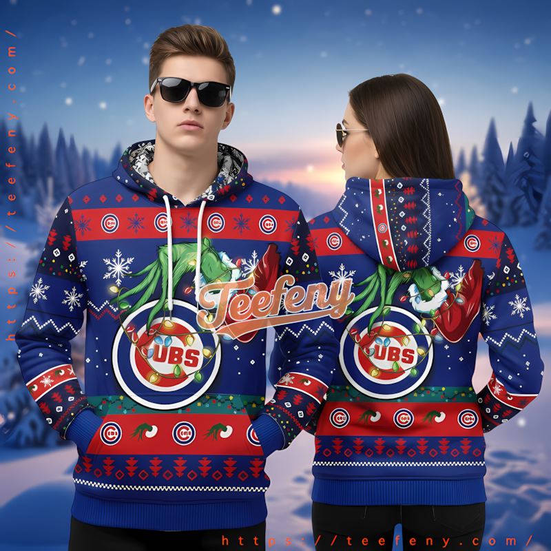 Chicago Cubs Grinch Christmas Lights Blue Ugly Mens 3D Hoodie
