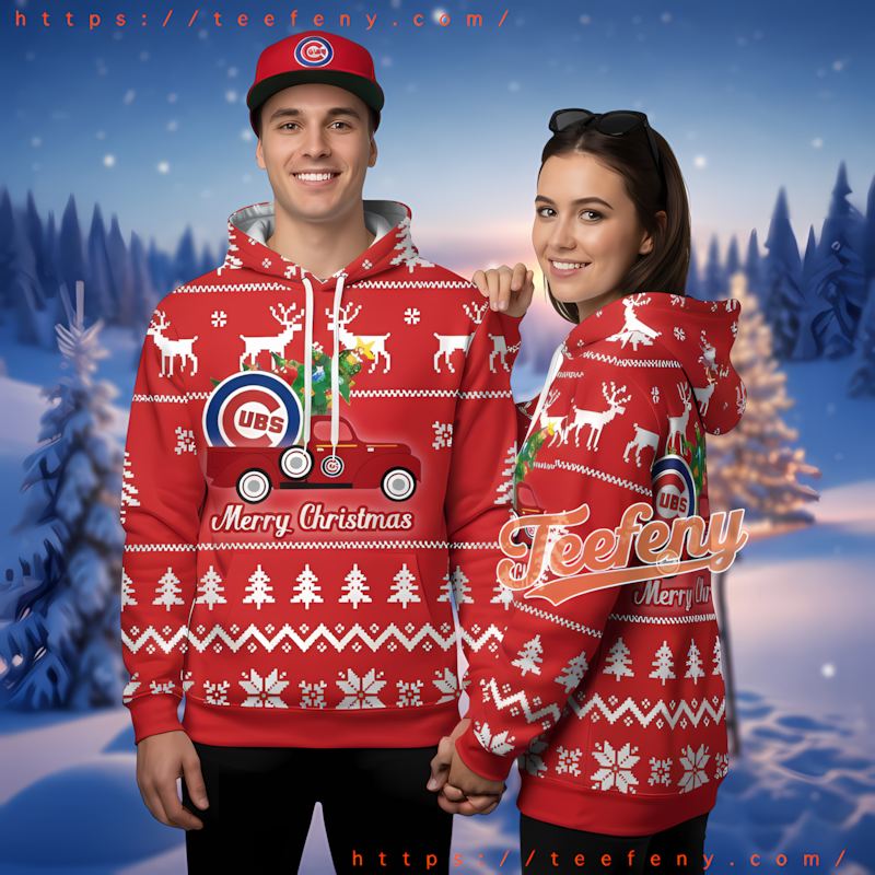 Chicago Cubs Merry Christmas Red Truck Red Mens 3D Hoodie