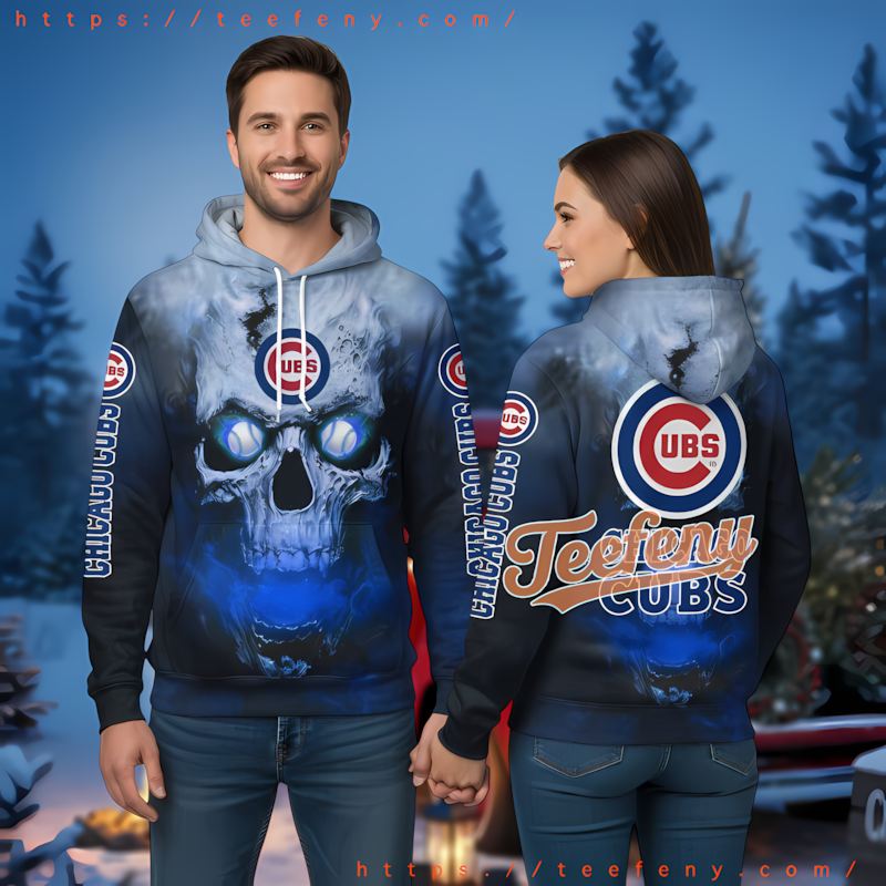 Chicago Cubs Skull On Fire Blue Mens 3D Hoodie