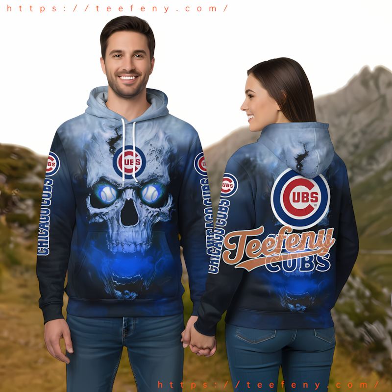 Chicago Cubs Skull On Fire Blue Mens 3D Hoodie Chicago Cubs Skull On Fire Blue Mens 3D Hoodie