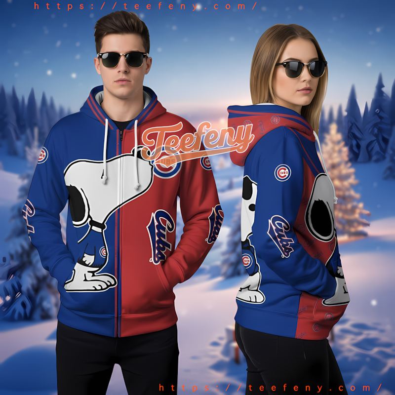 Chicago Cubs Snoopy Peanuts Red Blue Zipper 3D Hoodie