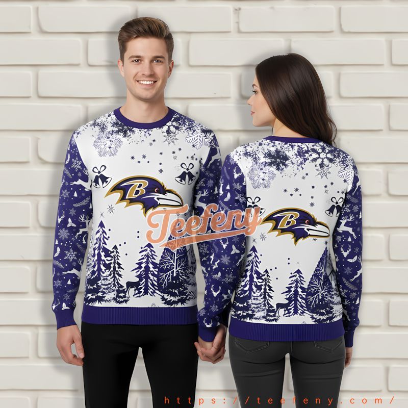 Christmas Bell Reindeer Baltimore Ravens Purple Custom Xmas Sweaters Christmas Bell Reindeer Baltimore Ravens Purple Custom Xmas Sweaters