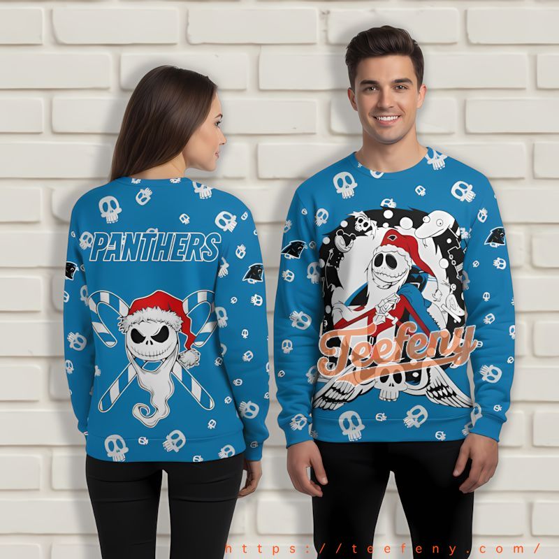 Christmas Carolina Panthers Jack Skellington Blue Holiday Sweaters For Men Christmas Carolina Panthers Jack Skellington Blue Holiday Sweaters For Men