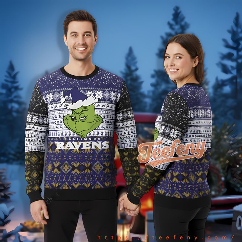 Christmas Grinch Face Baltimore Ravens Purple Men’S Ugly Xmas Sweaters