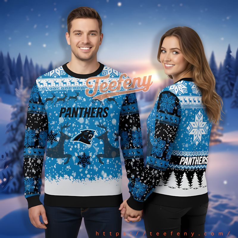 Christmas Reindeer Pattern Carolina Panthers Blue Ugliest Xmas Sweater