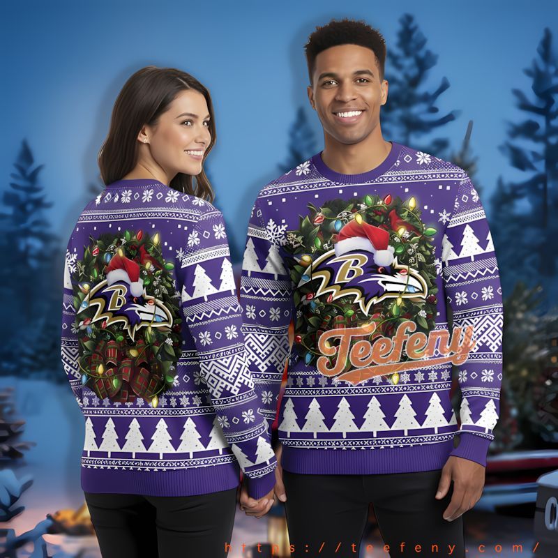 Christmas Wreath Baltimore Ravens Santa Hat Purple Ugly Sweater Party