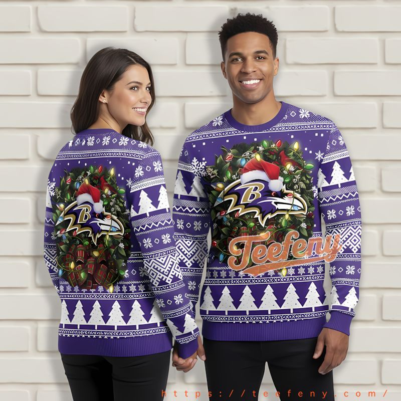 Christmas Wreath Baltimore Ravens Santa Hat Purple Ugly Sweater Party Christmas Wreath Baltimore Ravens Santa Hat Purple Ugly Sweater Party