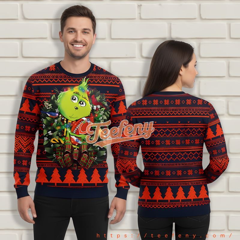 Christmas Wreath Grinch Chicago Bears Blue Orange Men'S Ugly Xmas Sweaters Christmas Wreath Grinch Chicago Bears Blue Orange Men'S Ugly Xmas Sweaters