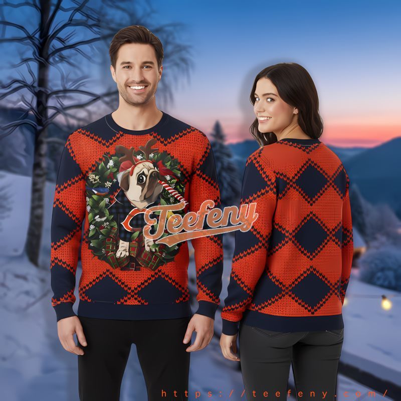 Christmas Wreath Pub Dog Chicago Bears Blue Orange Men’S Ugly Xmas Sweaters