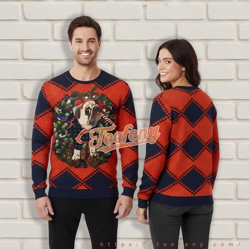 Christmas Wreath Pub Dog Chicago Bears Blue Orange Men'S Ugly Xmas Sweaters Christmas Wreath Pub Dog Chicago Bears Blue Orange Men'S Ugly Xmas Sweaters