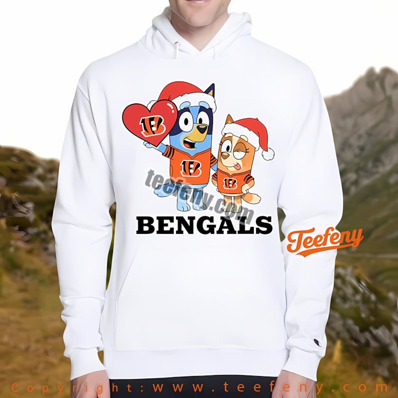 Cincinnati Bengals Bluey Bingo Christmas Heart Hoodie Adults Cincinnati Bengals Bluey Bingo Christmas Heart Hoodie Adults