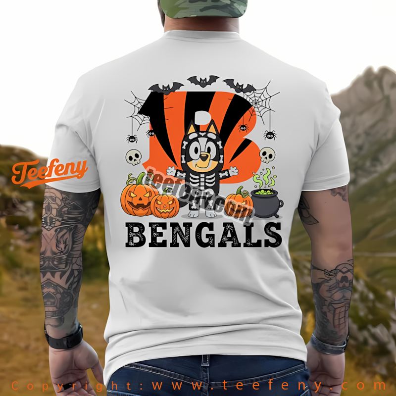 Cincinnati Bengals Bluey Bingo Halloween Skeleton Pumpkin Shirt Graphic