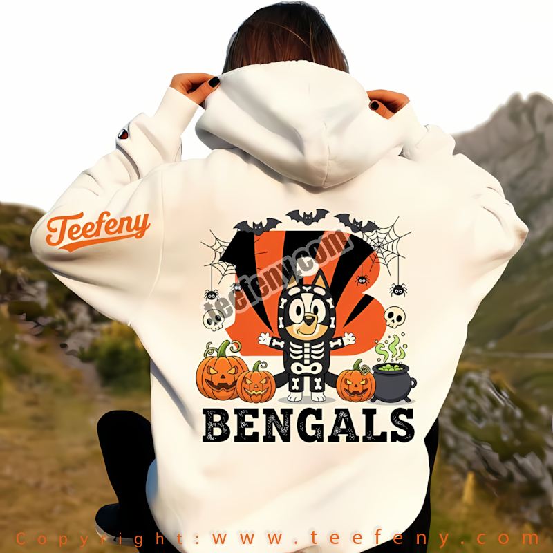Cincinnati Bengals Bluey Bingo Halloween Skeleton Pumpkin Hoodie Graphic Cincinnati Bengals Bluey Bingo Halloween Skeleton Pumpkin Hoodie Graphic