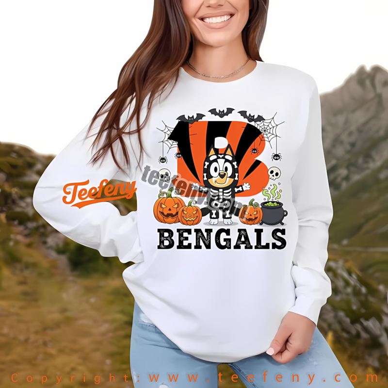 Cincinnati Bengals Bluey Bingo Halloween Skeleton Pumpkin Long Sleeve Graphic Cincinnati Bengals Bluey Bingo Halloween Skeleton Pumpkin Long Sleeve Graphic
