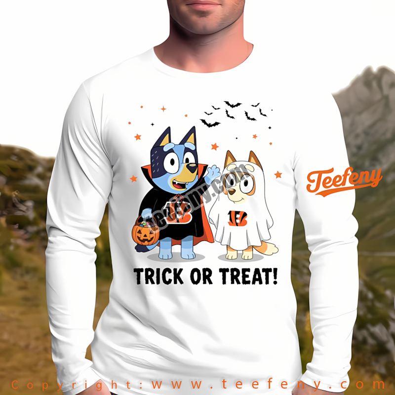 Cincinnati Bengals Bluey Bingo Trick Or Treat Halloween Shirt Long Sleeven Cincinnati Bengals Bluey Bingo Trick Or Treat Halloween Shirt Long Sleeven