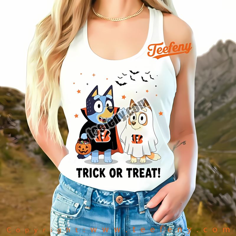 Cincinnati Bengals Bluey Bingo Trick Or Treat Halloween Shirt Tanktopn Cincinnati Bengals Bluey Bingo Trick Or Treat Halloween Shirt Tanktopn