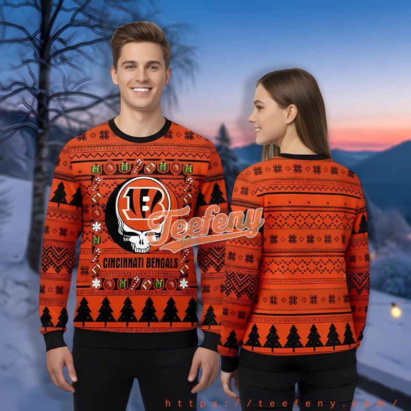 Cincinnati Bengals Grateful Dead Orange Black Big And Tall Xmas Sweaters
