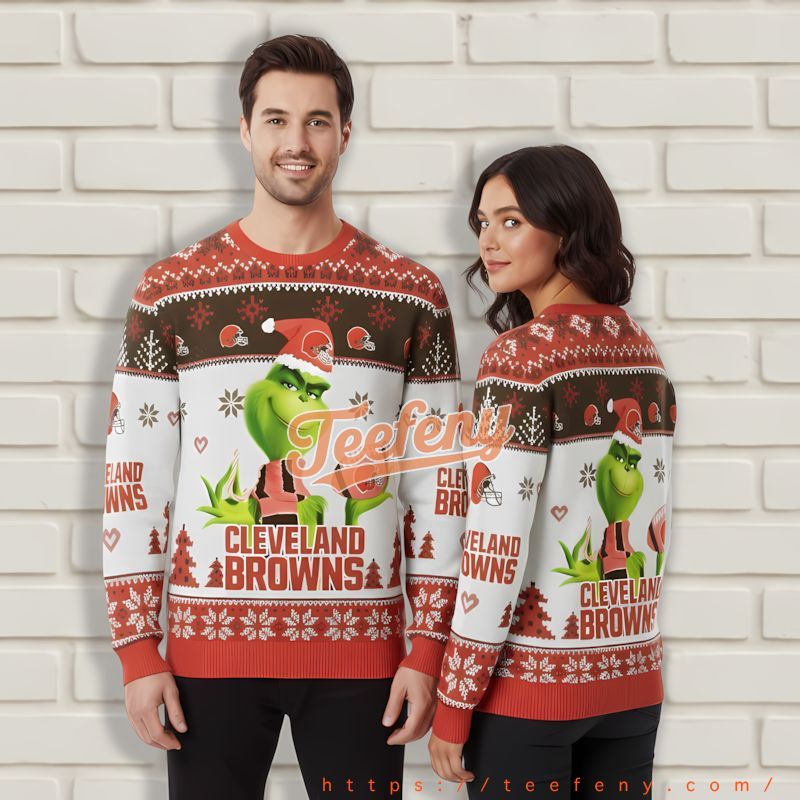 Cleveland Browns Grinch Santa White Red Couples Christmas Sweatshirts Cleveland Browns Grinch Santa White Red Couples Christmas Sweatshirts