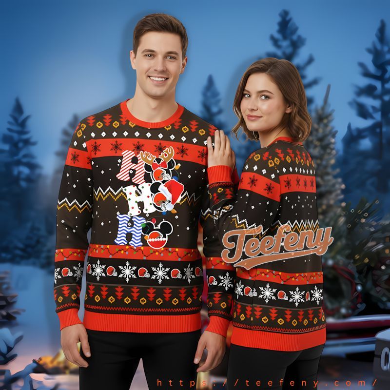 Cleveland Browns Hohoho Mickey Black Orange Mens Christmas Sweater